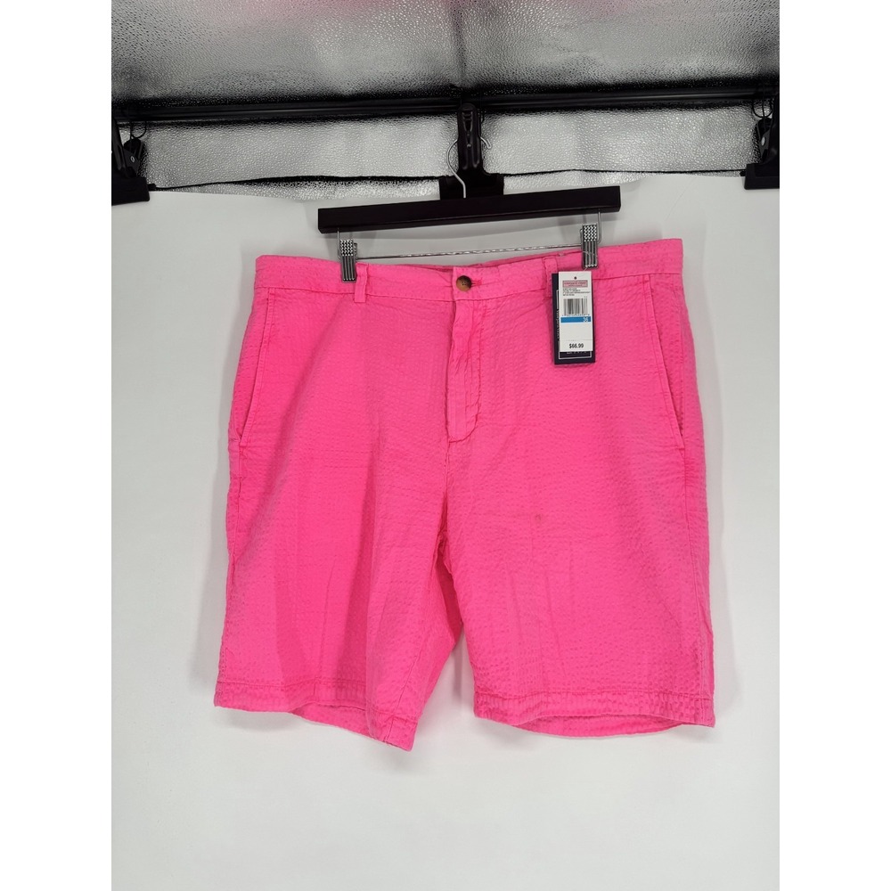 Vineyard Vines Breaker Shorts Mens 36 Neon Pink Seersucker Classic Fit 9" Inseam